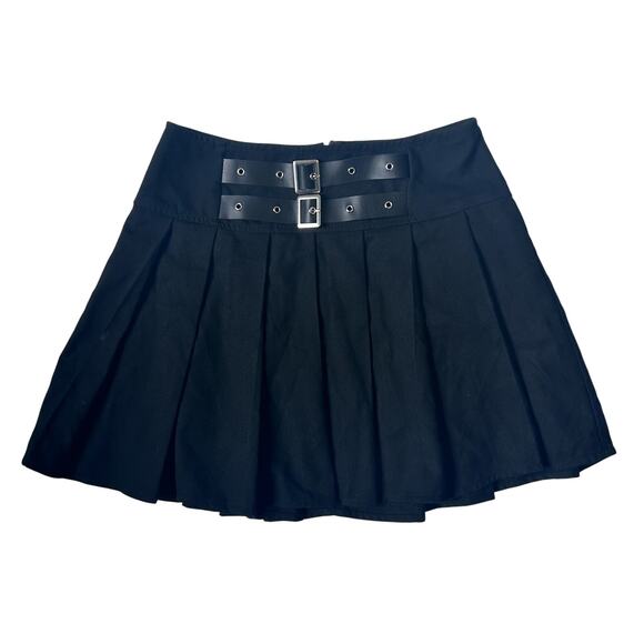 Vintage Dresses & Skirts - Y2K Gothic Black Pleated Mini Skirt Faux Leather Belt XS Social Collision Goth